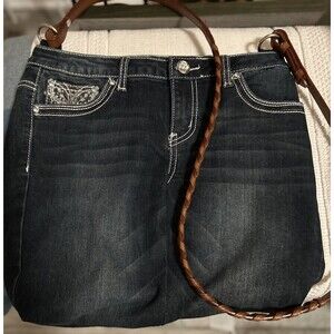 Y2K  Denim Jean Shoulder Bag Purse Embroidered Pockets Long Woven Leather Strap